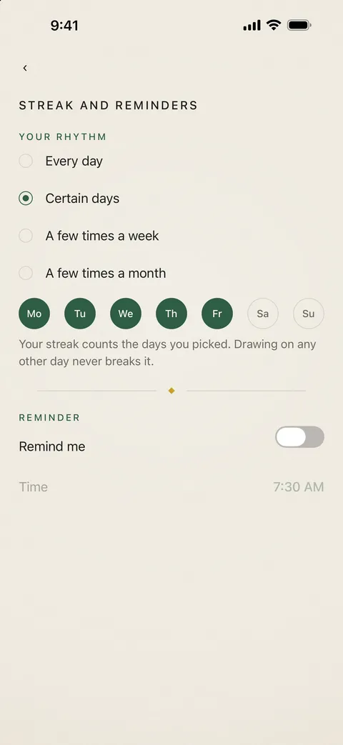 The streak rhythm screen with weekdays chosen
